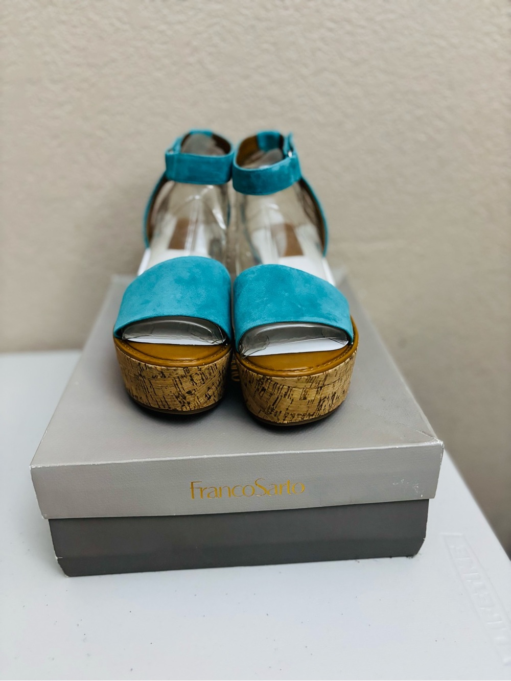 Franco Sarto Teal Suede Cork Wedge Sandals